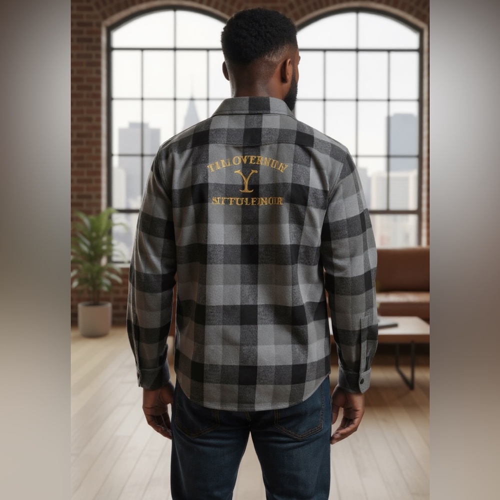 Unisex Yellowstone Black and Gray Plaid Shirt with Gold Embroidery SIZE LARGE
